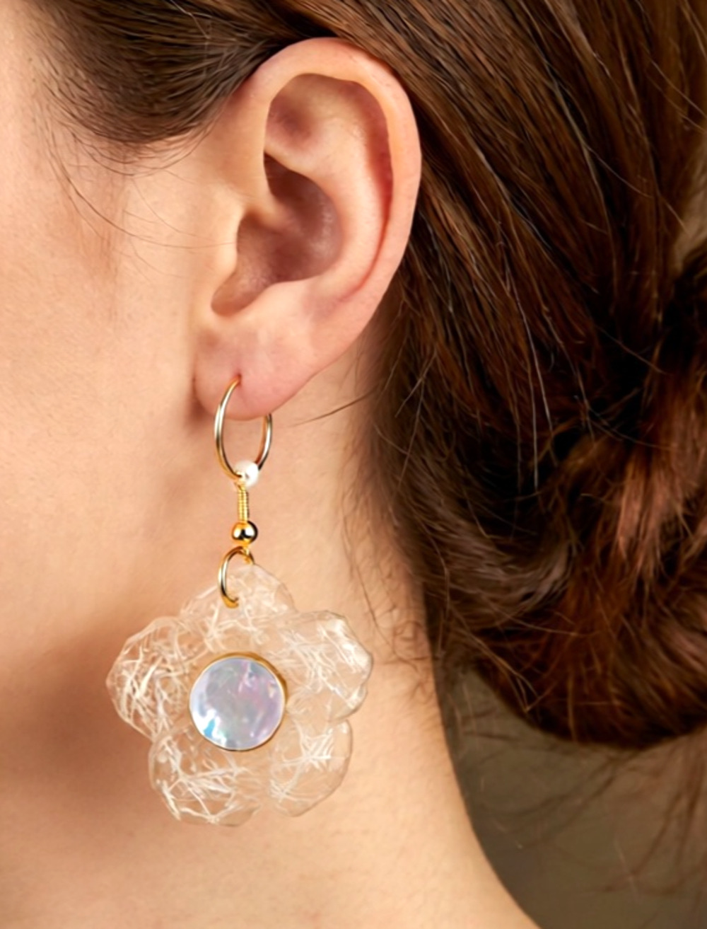 Handmade Resin mother of pearl Flower Earrings Light Yellow Boho